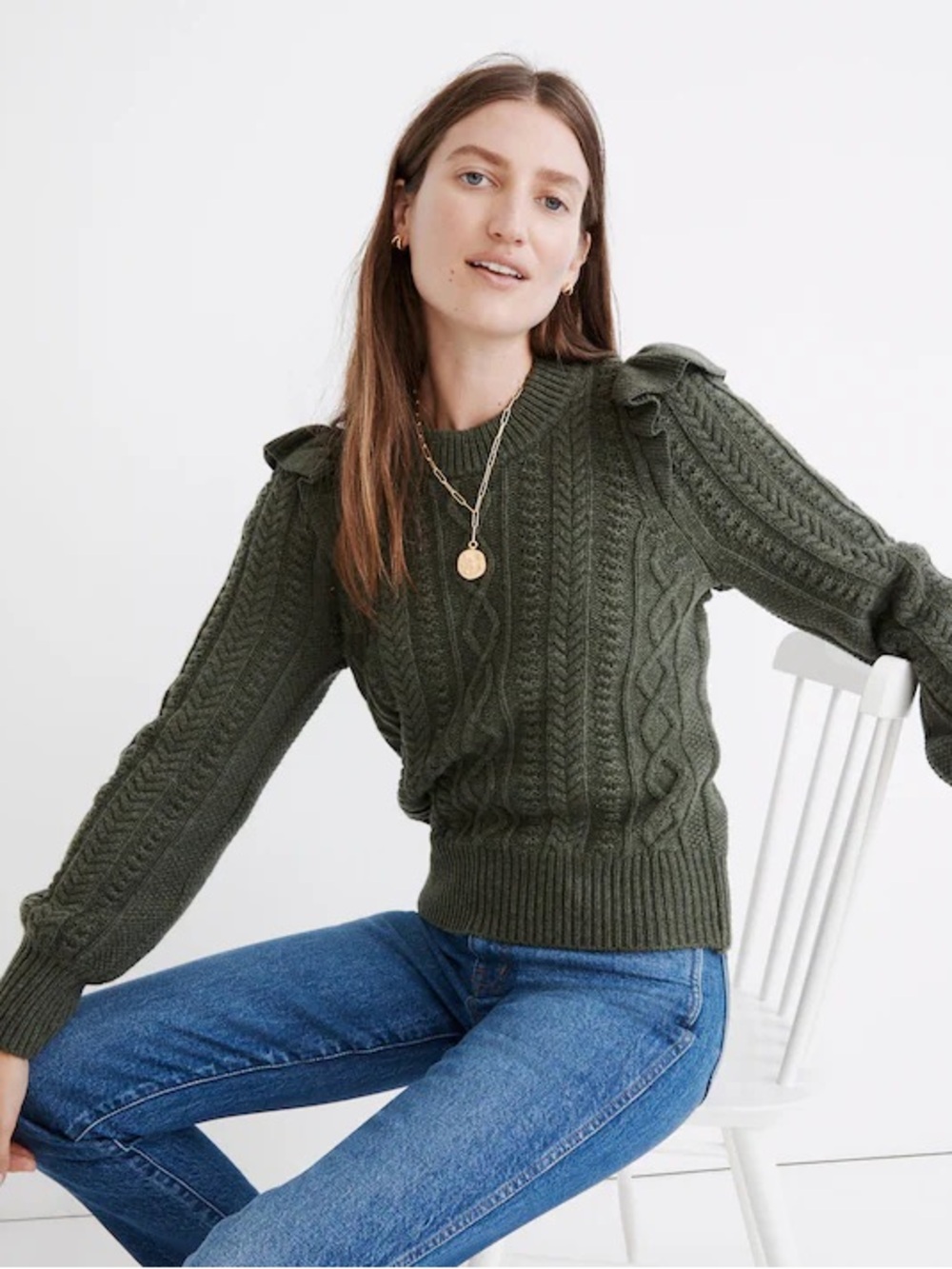 Madewell Olive Green Cable Knit Ruffle-Shoulder Crewneck Sweater